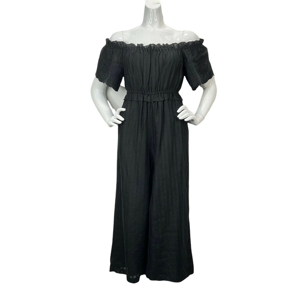 Joie Jumpsuit Womens Sz XS Alverna Black Linen Wide Off Shoulder Nwt Msrp $348